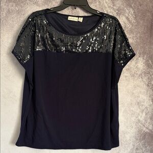 JohnPaulRichard Navy Sequin Short Sleeve Top